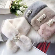 韩版秋冬保暖围巾女可爱仿兔毛珍珠气质，装饰加厚保暖围脖工厂