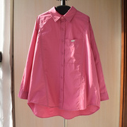 韩版时尚百搭口袋金属小标中长款前短后长纯棉宽松白衬衫玫红衬衣