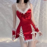 女士舒适胸垫背镂空绑带吊带睡裙丝绒，圣诞装家居服套装女款式