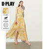 dplay2024年夏度假风黄色，印花v领腰部，镂空雪纺吊带连衣裙长裙