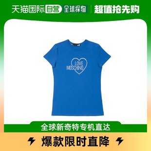 香港直发moschino莫斯奇诺女士宝蓝色套头圆领短袖印花T恤衫