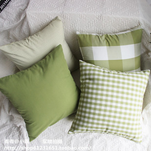 田园绿色涤棉大小格子条纹素色方沙发腰枕靠垫靠枕抱枕套45 40 50