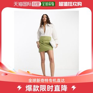 香港直邮潮奢asos女士设计小号，褶皱亚麻绿色，半身裙(卡其色)
