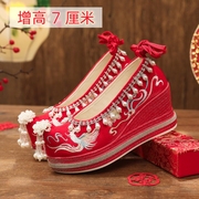 中式秀禾婚鞋女冬季厚底婚礼新娘结婚增高汉服鞋子坡跟红色绣花鞋