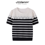 九州诚品/JZZDEMM钩花镂空拼接条纹针织短袖女修身显瘦时尚上衣潮