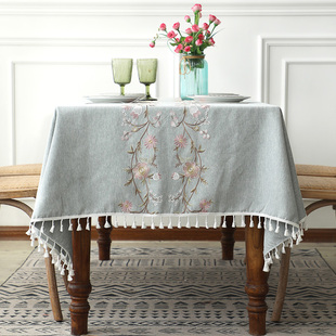 北欧长方形桌布高级感棉麻，绣花布艺茶几台布，餐桌现代简约刺绣布料