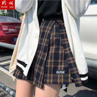 春秋季韩版假两件不规则格子半身裙2024学生高腰A字裙短裙裤