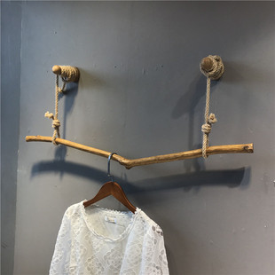 服装店衣架展示架麻绳复古上墙树枝正挂木质，壁挂童装装修货架