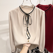 2023韩国修身显瘦立领系带钉珠，单排扣加厚保暖长袖衬衫上衣女