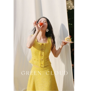 绿色云柠檬蛋糕浪漫少女法式红色，黄色小香风，马甲腰裙套装春夏款