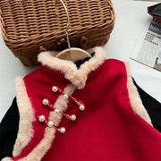女童旗袍冬季2023连衣裙毛呢，中国风唐装红色加绒背心裙子套装