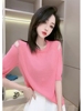 夏季韩系设计感短袖，镂空针织衫女士，别致独特时尚粉色钉珠绝美上衣