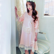 日系睡裙女夏薄款蕾丝公主，风可爱天鹅，纯棉花边宽松居家裙pink睡衣