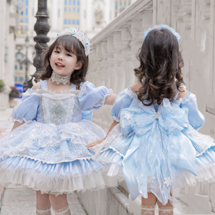kw家女童艾莎公主裙洛丽塔，夏季冰雪奇缘，蓝色蓬蓬裙生日礼服连衣裙