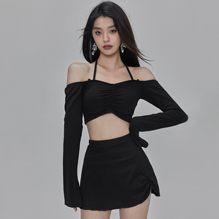 淑惠kiko泰国小众设计黑色分体泳衣长袖，防晒泳装温泉度假游泳衣