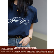 王妃家藏蓝色纯棉短袖T恤女2023日系小个子字母宽松显瘦上衣