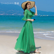 绿色雪纺连衣裙女夏长款2024年长裙到脚踝v领海边度假沙滩裙