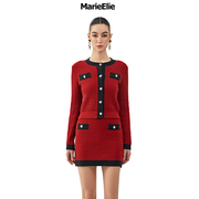 MarieElie上海时装秀高腰条纹针织半身裙红色短裙