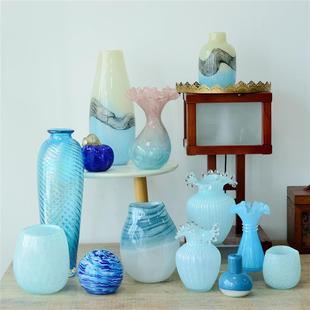 创意客厅装饰花瓶，蓝色系列手工玻璃花瓶，家用桌面工艺品摆件