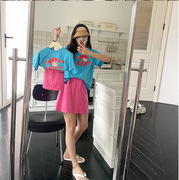 女孩卡通t恤玫红短裙，套装亲子装y7夏季韩版女童装，短袖网红母女装