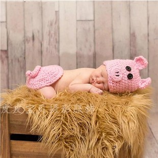 婴儿摄影服装 小猪卡通造型 毛线针织满月百天宝宝拍照服饰