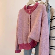 小香风粉色短款毛衣外套，女秋冬冬季慵懒风小个子针织开衫上衣条纹