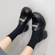 名尚乐福鞋女2024春季女鞋复古英伦风单鞋厚底增高黑色小皮鞋