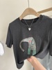 韩国小个子短袖tee抽象缝线卡通大象修身小版，短款短袖t恤女上衣