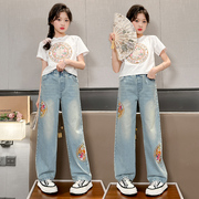 新中式国风t恤龙纹刺绣牛仔裤两件套2024款春夏国潮女童短袖套装7
