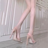 欧美裸色露趾方头凉鞋女高跟2023年仙女性感一字带细跟拖鞋女