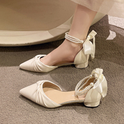 气质粗跟高跟鞋女夏小众设计感仙女风配裙子珍珠白色凉鞋温柔法式