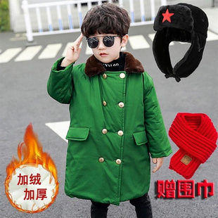 巴拉巴柆儿童军绿大衣加棉加厚保暖中长款军绿色，男童复古外套韩版