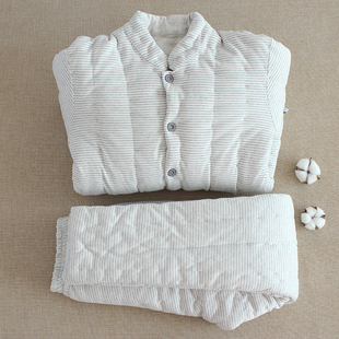 条纹纯棉花手工女士冬季棉袄棉裤套装成人，保暖加厚高腰外套棉衣服