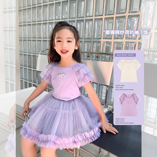 Amybaby女童T恤2024夏季洋气网纱泡泡袖儿童夏装短袖上衣