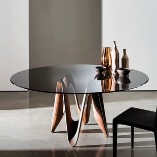 黑胡桃圆餐桌椅组合意式极简黑胡桃木玻璃餐台大平层实木圆形餐台