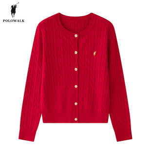 polowalk大红色针织衫开衫女士2024春季款女装，经典绞花小个子毛衣