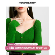 roco超显白绿色(白绿色，)法式复古大方领金扣针织衫女2023秋季薄毛衣