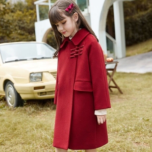 女童西装外套毛呢外套，儿童呢子大衣拜年服中长款红色大童女孩洋气