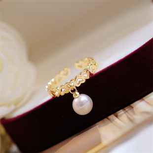 DIY珍珠配件 18K包金铜厚镀金爱心镂空开口戒指半成品 金色5-8mm