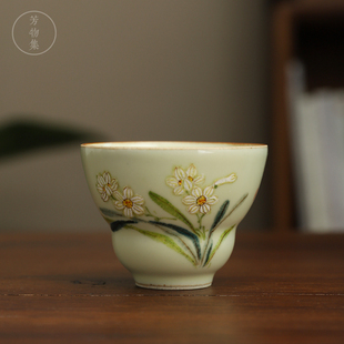 景德镇手工秘黄釉主人杯手绘高温新中式复古茶杯陶瓷品茗杯折腰杯