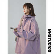 大码宽松工装外套女美式高级设计感胖mm学生淡紫色冲锋衣夹克上衣