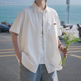 港仔文艺男白色短袖衬衫男2024夏季日系休闲男生工装衬衣外套