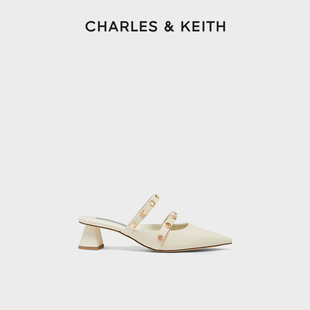 charles&keith春夏，女鞋ck1-61720134金属，装饰尖头粗跟穆勒拖鞋女