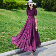 夏季紫色雪纺碎花连衣裙女长款到脚踝2024年时尚，超长大摆裙子