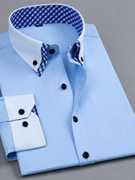 男士轻奢长袖衬衫双领纯色，商务职业正装男韩版修身浅蓝色衬衣免烫