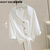 香港白色v领衬衫女中袖夏季韩版宽松显瘦防晒系带短款上衣