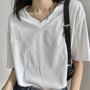 白色v领纯棉短袖t恤女2024年春秋装夏季小众设计感正肩上衣服
