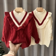 女童毛衣2023冬装加厚针织衫毛线衣女孩中小童假两件套儿童打底衫
