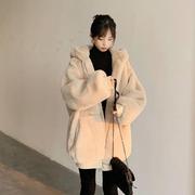 2023韩版慵懒风仿兔毛，皮草中长款连帽大衣羊羔毛绒，外套女冬厚宽松