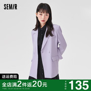 森马外套女2024春季女装，黑色宽松西服浅紫色，小西装中长款上衣